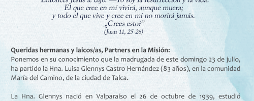 Hna. Glennys Castro fallece en la comunidad María del Camino en Talca